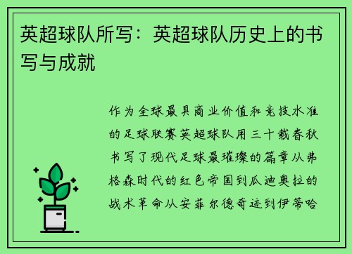 英超球队所写：英超球队历史上的书写与成就