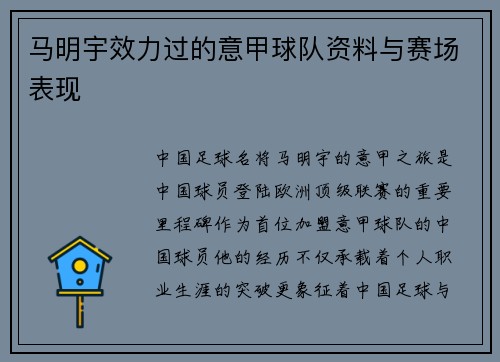 马明宇效力过的意甲球队资料与赛场表现